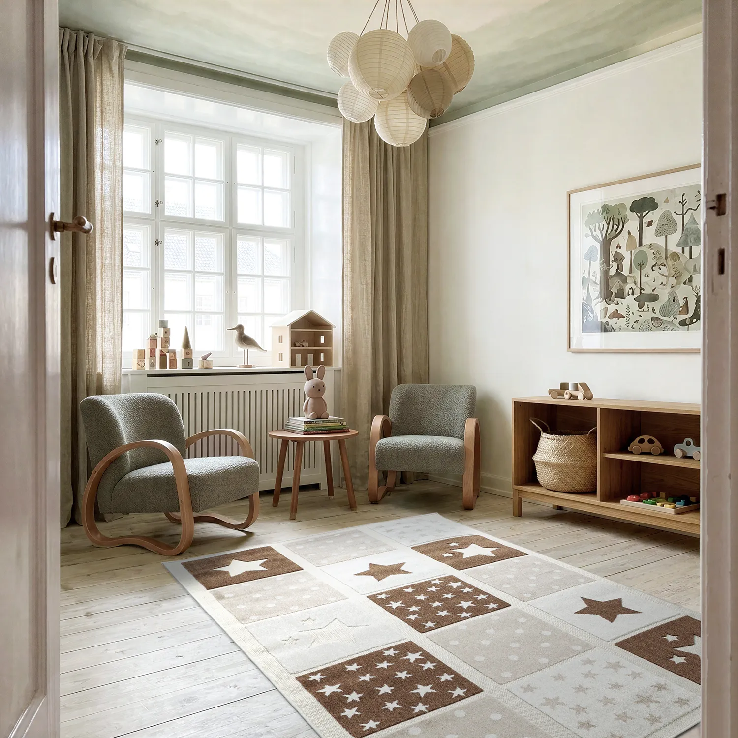 Children's Rug - Star Grid (cream/brown)