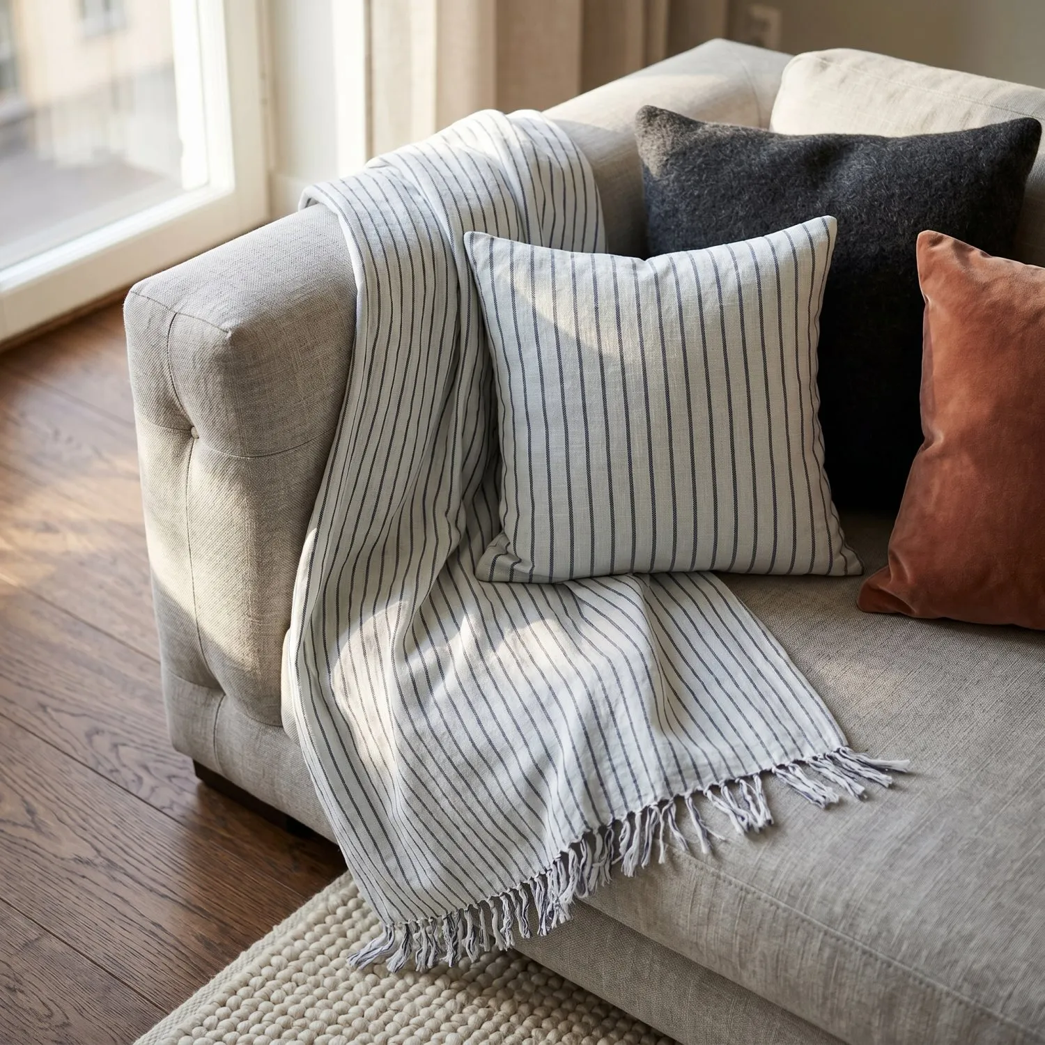 Throws - Rumi stripe cotton throw (light blue/navy/cream)