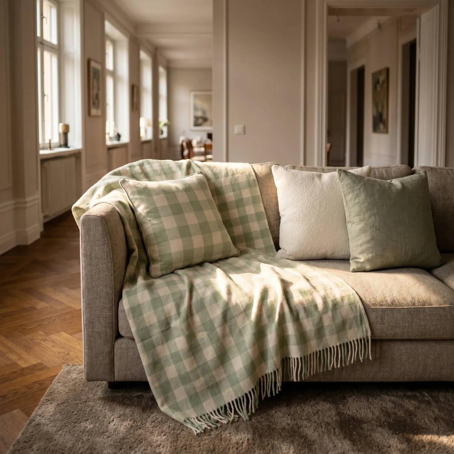Throws - Isela check cotton throw (cream/light green)