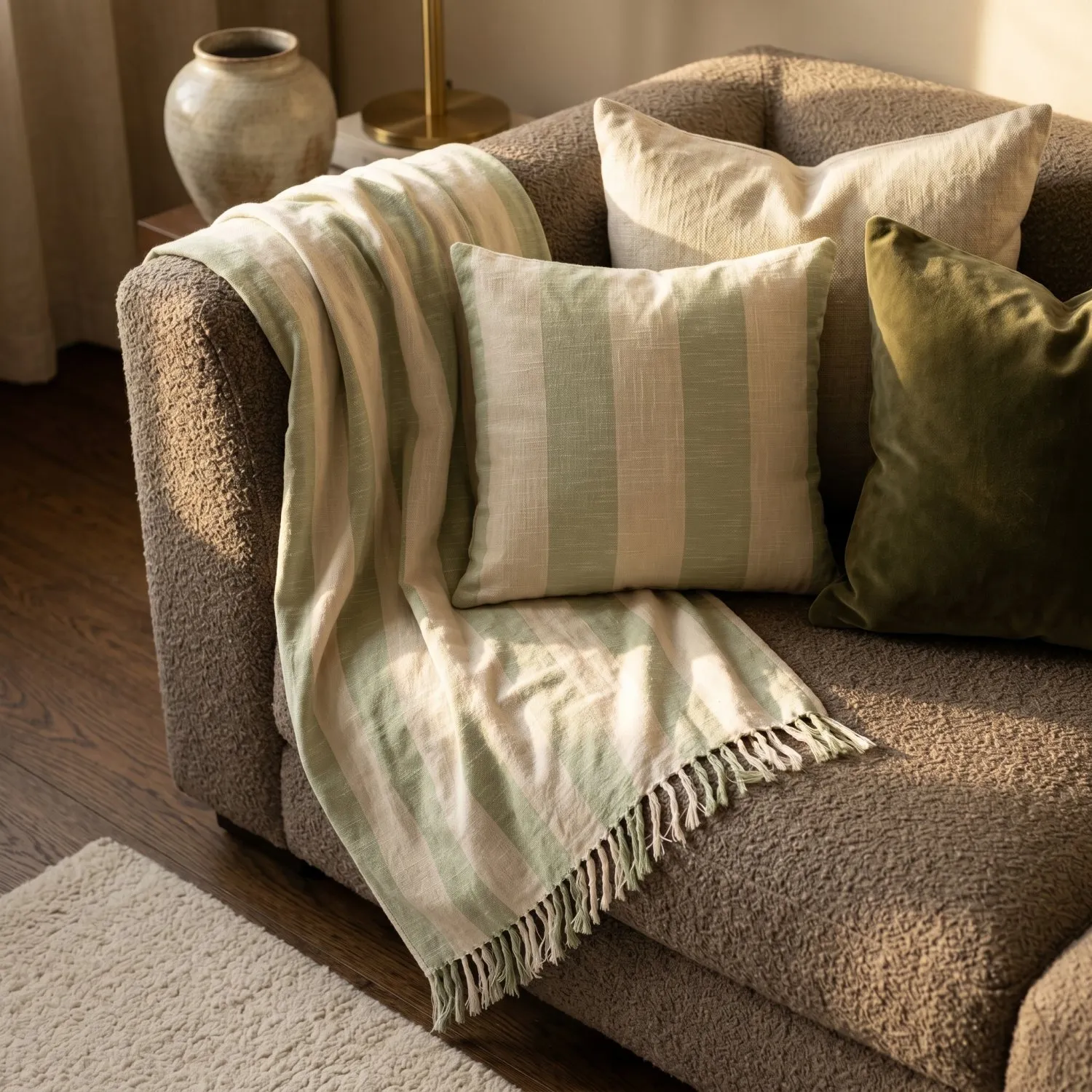 Throws - Kora stripe cotton throw (cream/light green)
