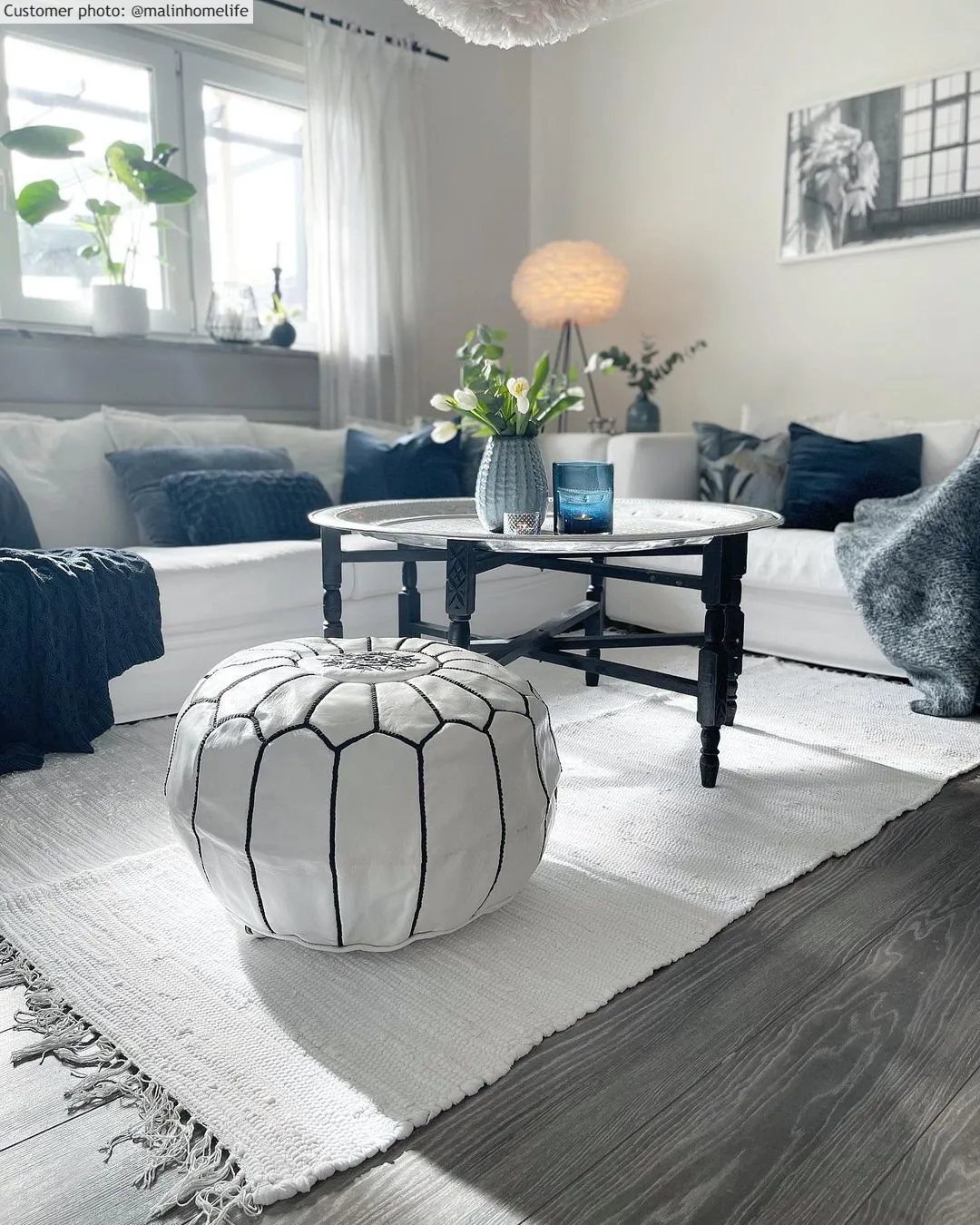 Pouf - Moroccan leather pouf (white/black)