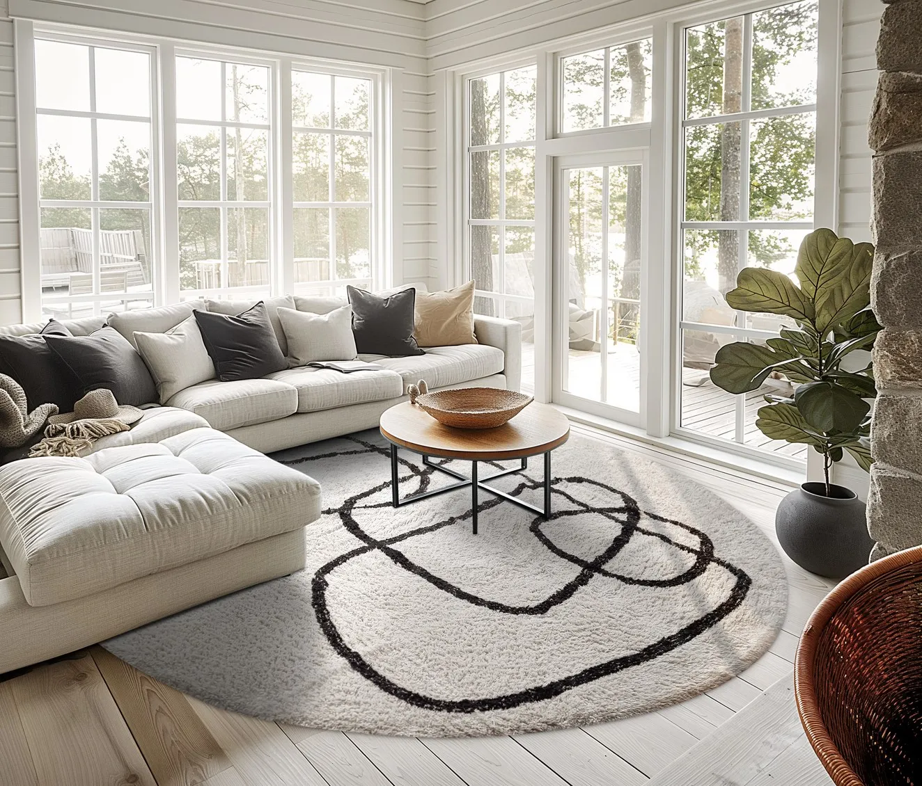 Round rug - Bavello Natural Cotton Shaggy (offwhite/black)