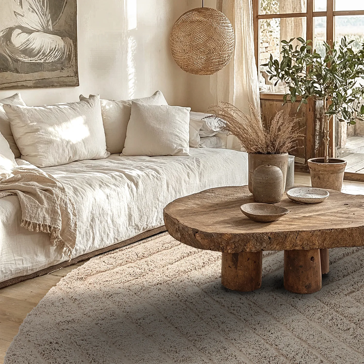 Round rug - Conara Natural Cotton Shaggy (beige)