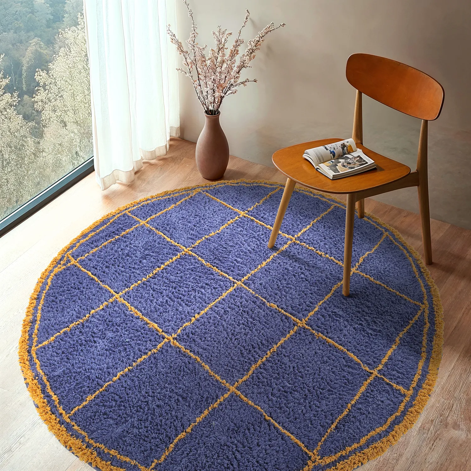 Round rug - Lana Natural Cotton Shaggy (blue/yellow)
