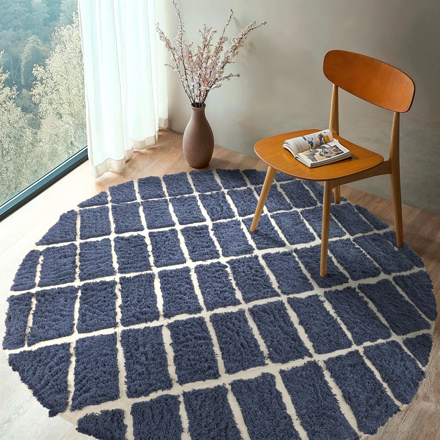 Round rug - Zola Natural Cotton Shaggy (blue)