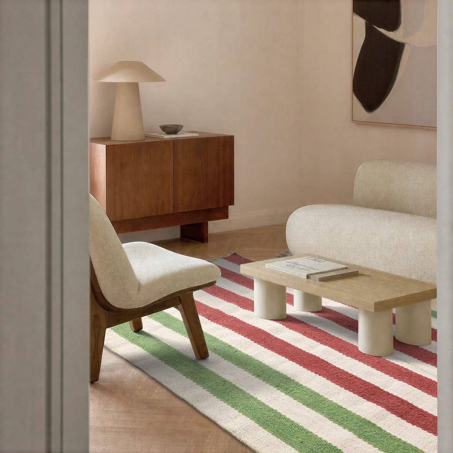 Irregular wool rug - Kystaro (cream/green/red)