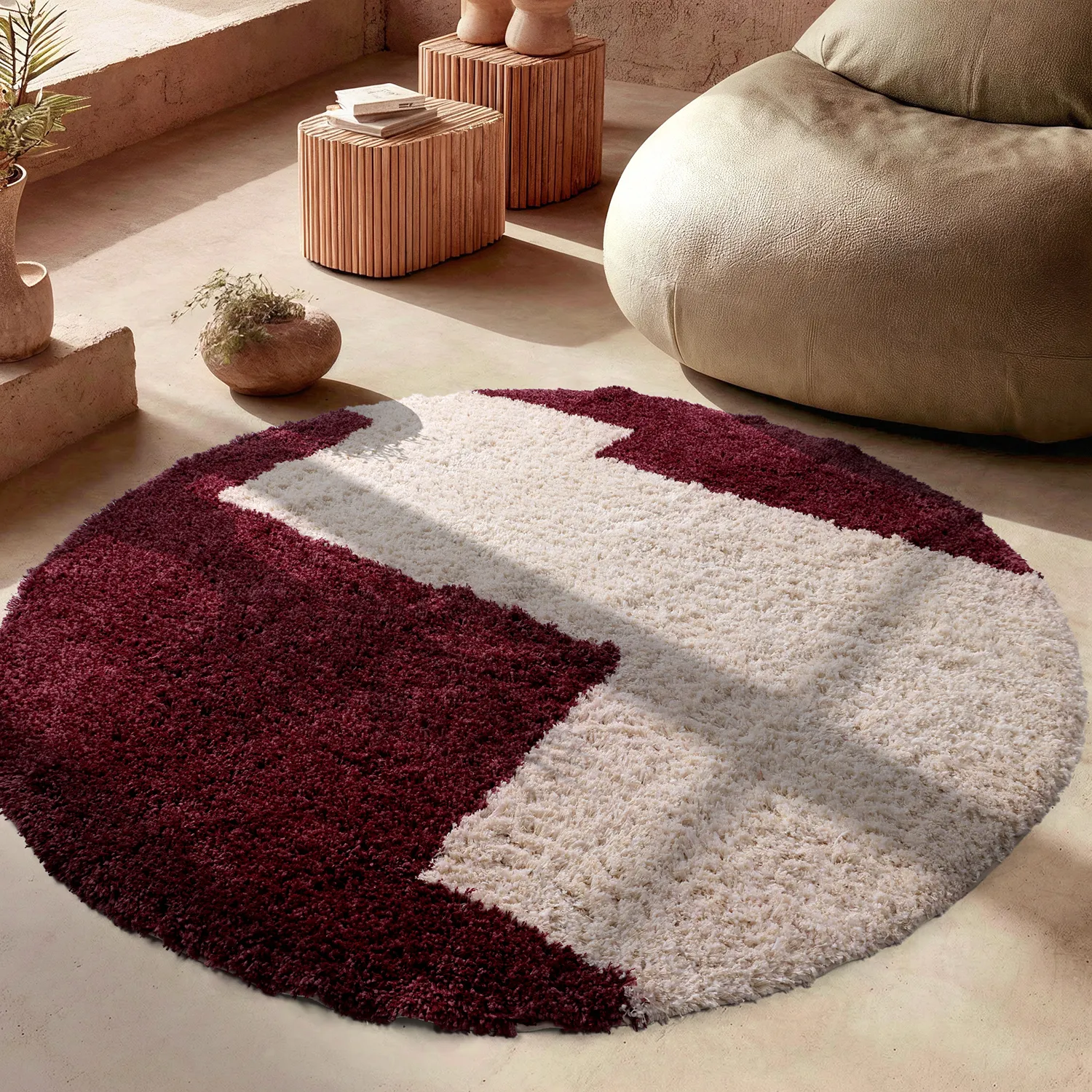 Round rug - Begur Natural Cotton Shaggy (off-white/burgundy)