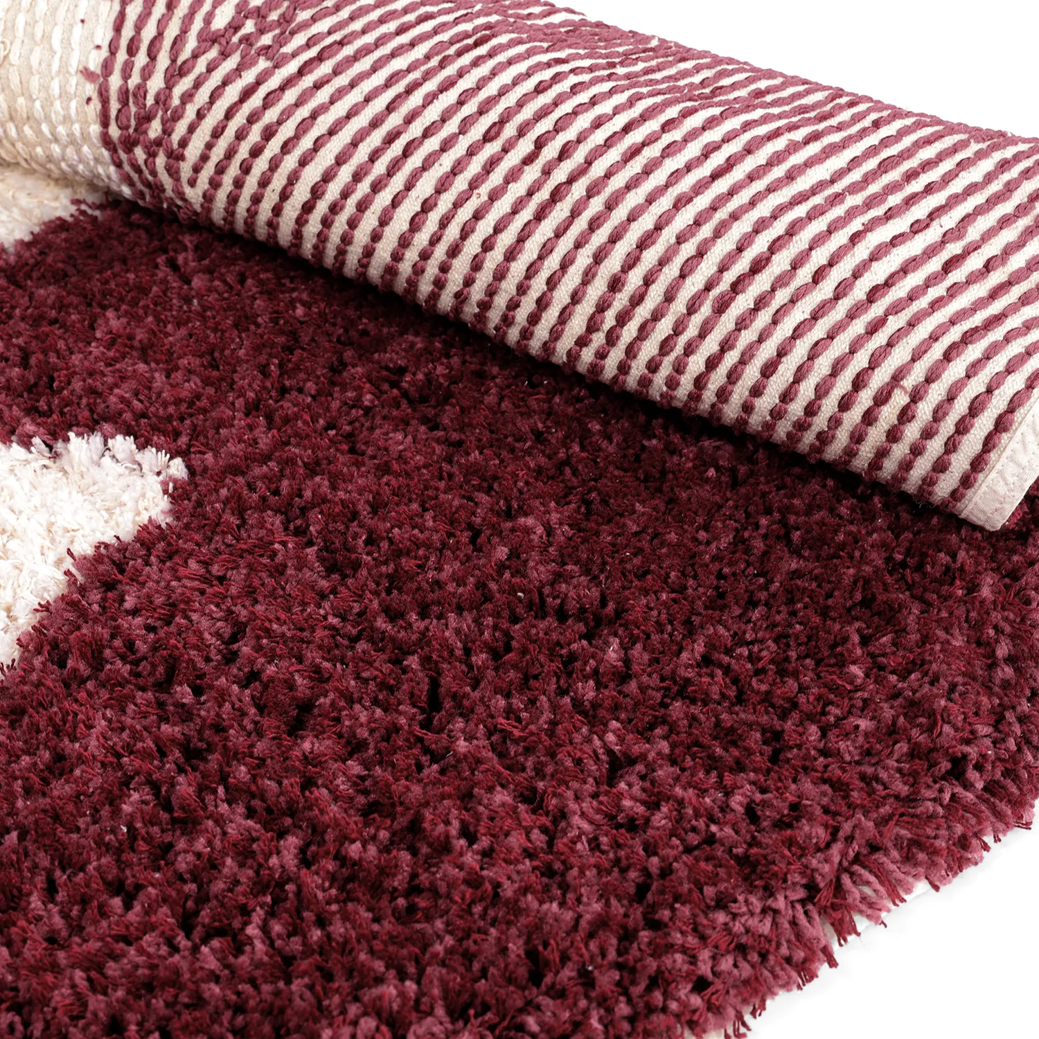 Round rug - Begur Natural Cotton Shaggy (off-white/burgundy)