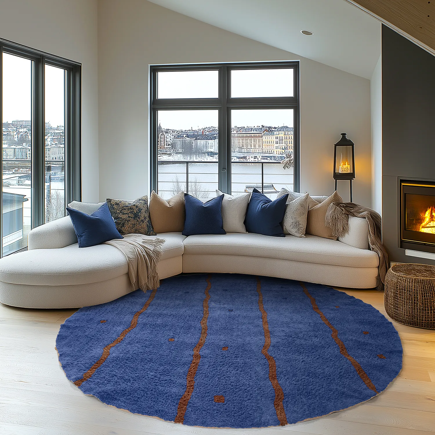 Round rug - Leora Natural Cotton Shaggy (blue/brown)