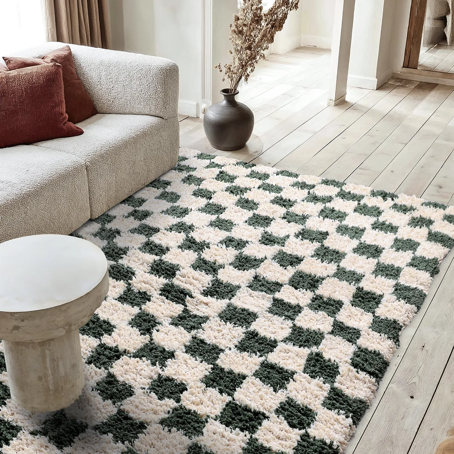 Shaggy rugs - Methoni Check Cotton Shaggy (cream/green)