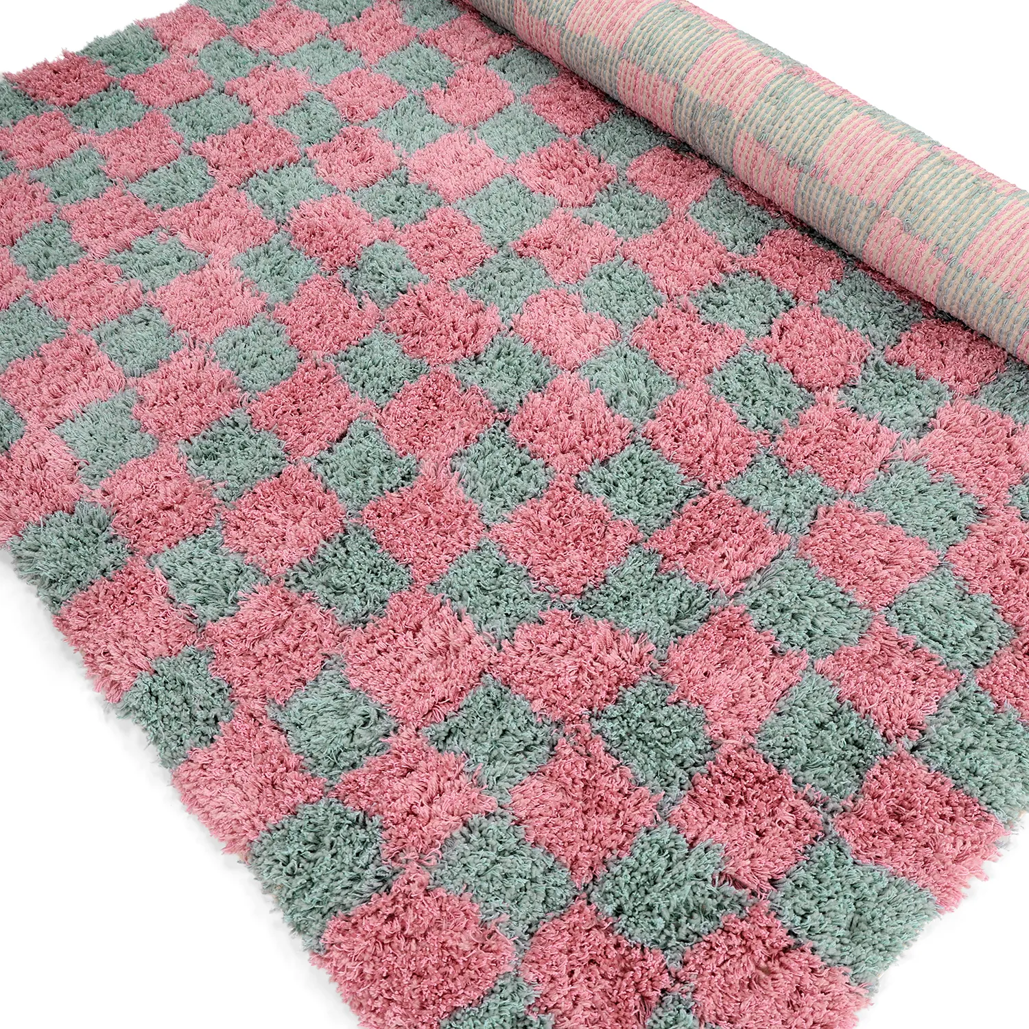 Shaggy rugs - Methoni Check Cotton Shaggy (light blue/light pink)