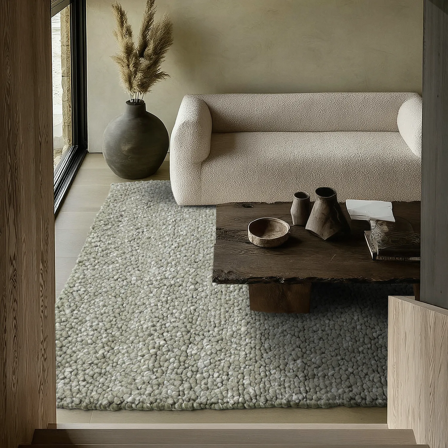 Wool rug - Sala Irregular Wool Bubble (moss green/white melange)
